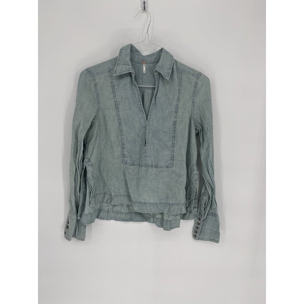 Free People Long Sleeve Ready or Not Chambray Rumi‎ Top Linen Blend Size XS